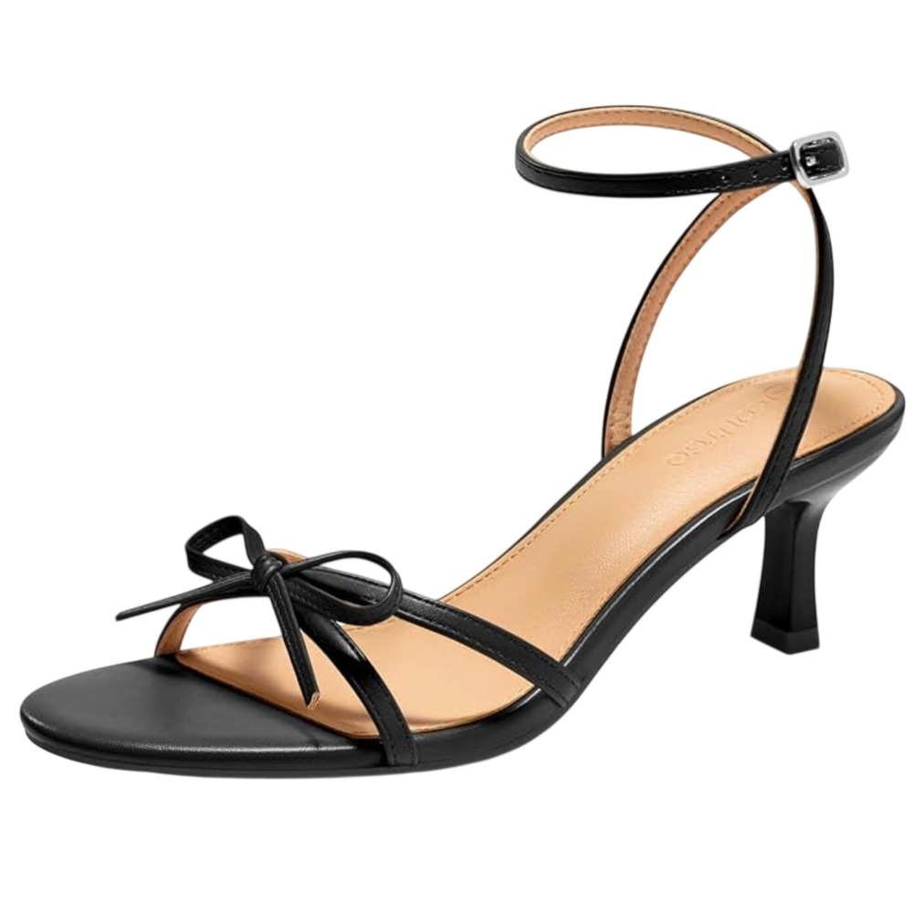 Coutgo Kitten Heel Sandals Womens 8.5 Black Bow Open Toe Ankle Strap Dress Shoes
